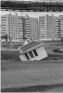 Figure 2: An example of the effects of thawing permafrost on a news-stand in Norilsk