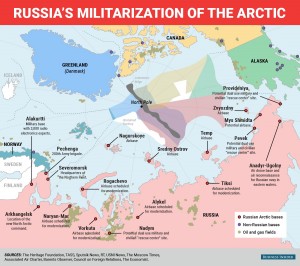 Figure 4: A map of the various military bases either active or being reopened in the Arctic. Though Russia is increasing its presence, the new and renovated bases seem to be geared towards support and logistics for now. Map Credit: Business Insider