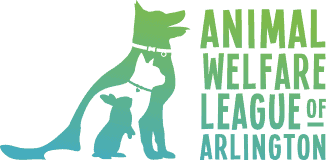 A carton of a rabbit, cat, and dog sit next to each other, each figure nested in the other's silhouette. Next to them says "Animal Welfare League of Arlington"