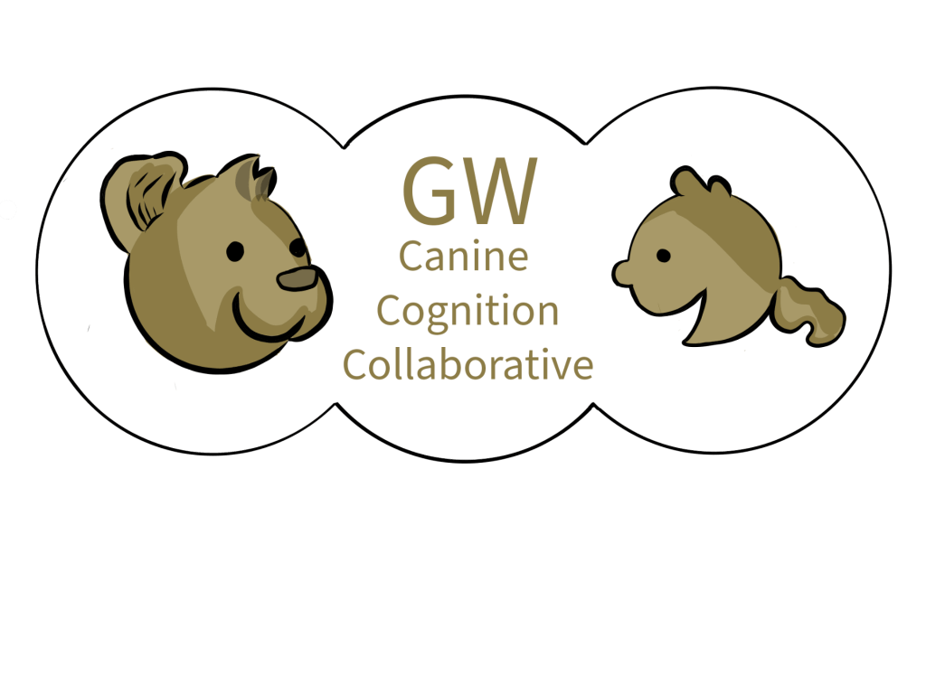A smiling, cartoon dog faces a smiling cartoon girl. In between them are the word's "GW Canine Cognition Collaborative"