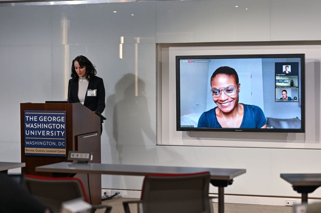 GW Ethics in Publishing Conference, with Tina Donnelly (l) and Kim Ayers Shariff (r, on video screen)