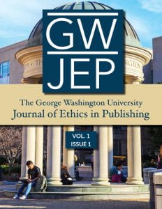 Cover of GW Journal of Ethics in Publishing, Vol 1, Issue 1. Image of GW Templetto.