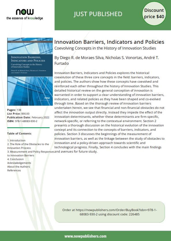 Flyer for new article by Nicholas S Vonortas, Diego R. de Moraes Silva, and Andre T. Furtado: Innovation Barriers, Indicators and Policies Coevolving Concepts in the History of Innovation Studies