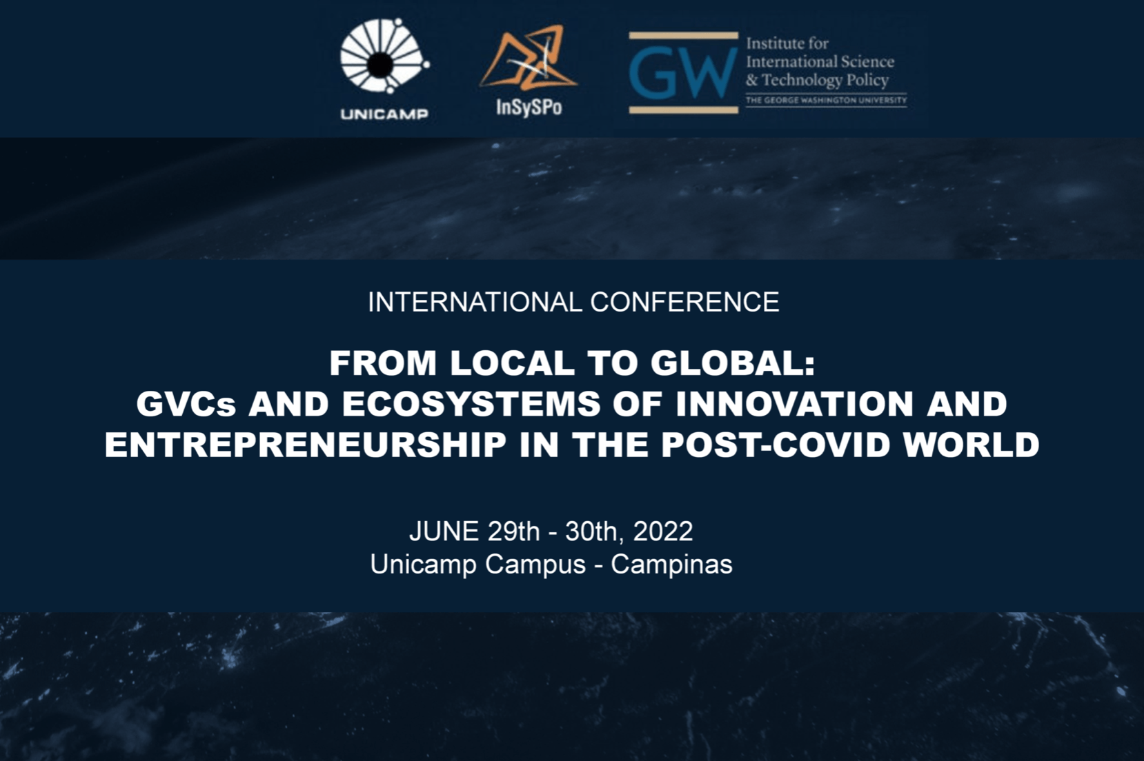 Graphic announcing international conferences: From Local to Global: GVCs and Ecosystems of Innovation and Entrepreneurship in the Post-Covid World