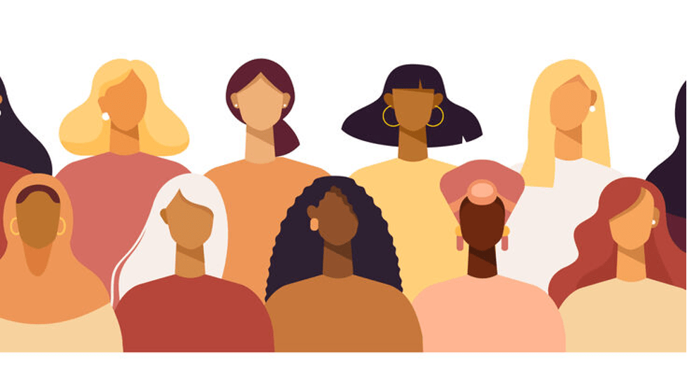 Several animated, faceless, women of various races standing side by side