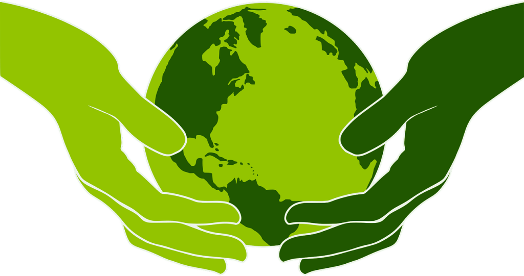 Light green (left) and dark green (right) hand holding a globe. The water on the globe is light green and the continents are dark green.