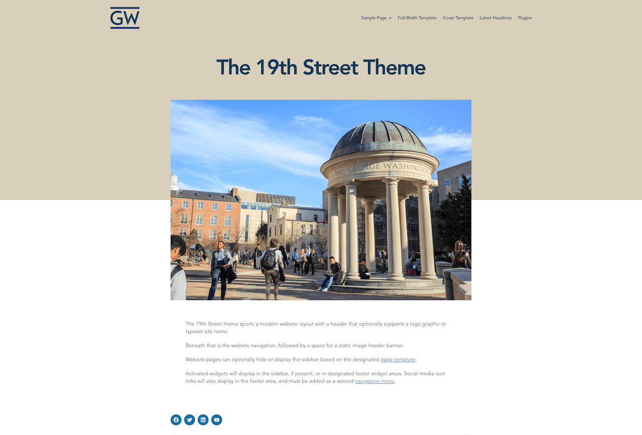 Screenshot of the homepage of a 19th Street theme website, with the GW monogram in the header and a photo of the Kogan Plaza tempietto for the hero banner.