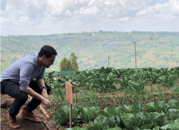 Image 2: Inspecting the student-run grafting fields to help support imported crops (cauliflower) grown locally at the University of Kibungo. 