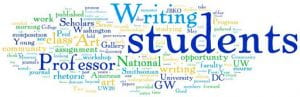 GW Writing Center word cloud including "writing," "students," and "professor."