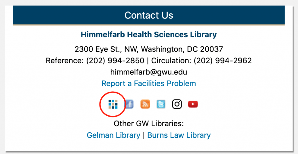 a screenshot of the himmelfarb library home page highlighting the location of the app shelf