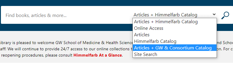 Screenshot of Health Information @ Himmelfarb search box