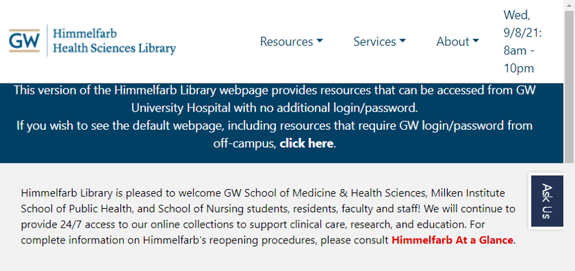Screen shot of Himmelfarb Library webpage for GW Hospital users