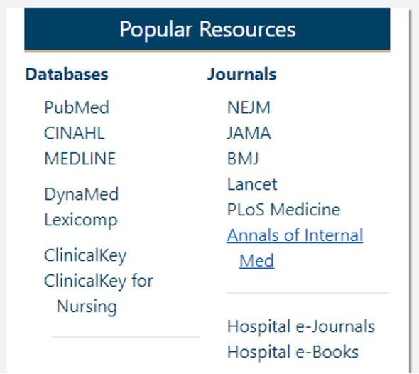 Screen shot of popular resources offered to Himmelfarb Library users