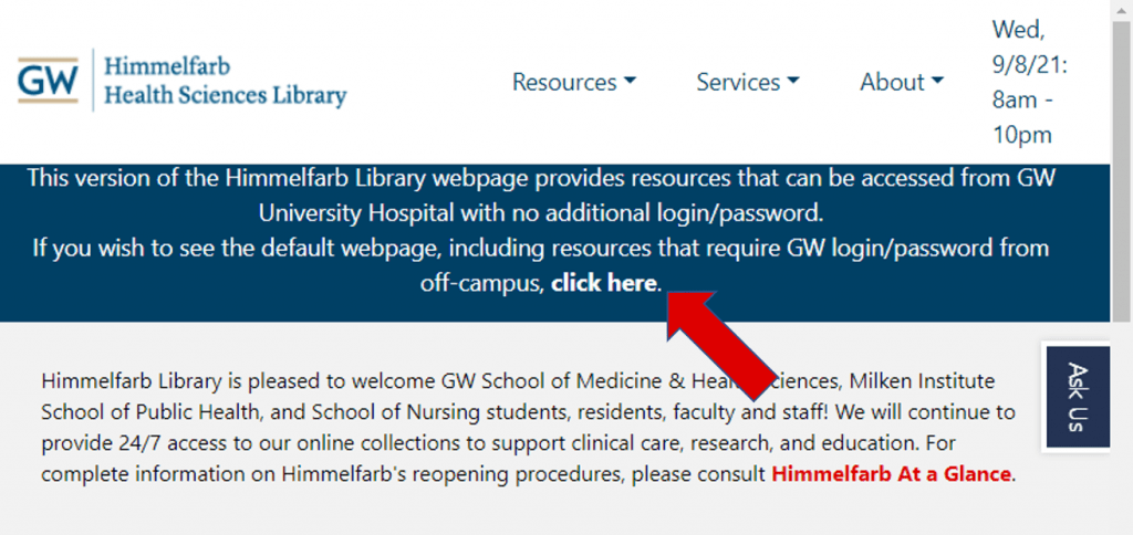 Library's webpage for Hospital users has setting that switches display to  Himmefarb's complete collections