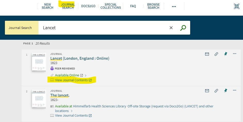 Himmelfarb search box journal search for Lancet screenshot