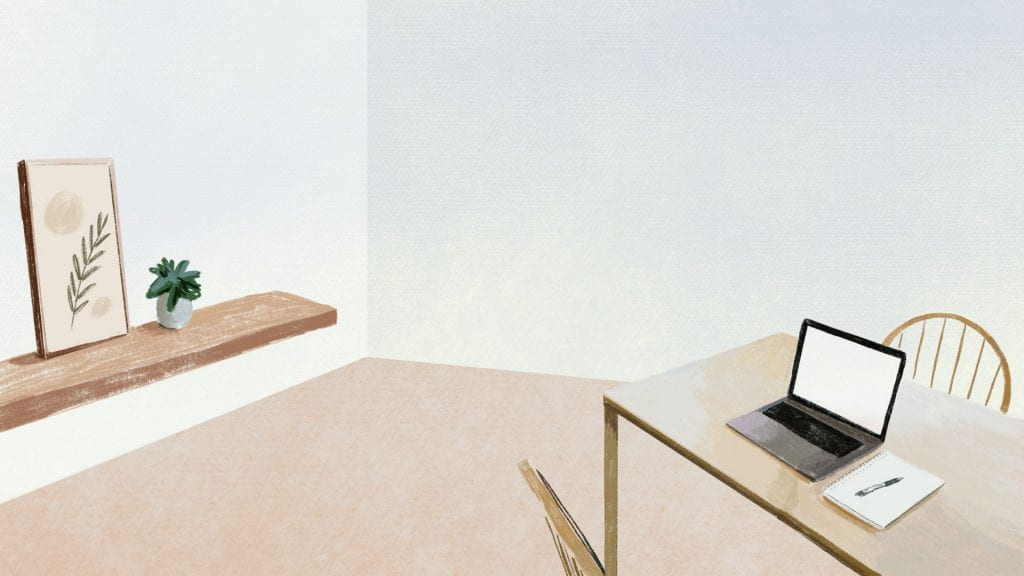 illustration of a room with desk, chair, laptop, pen, and paper. nearby is a painting and a house plant.