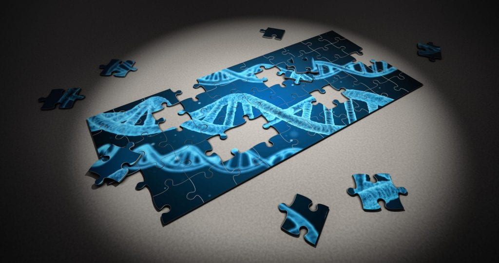 Image of a jigsaw puzzle with an image of a DNA double helix with random pieces missing.