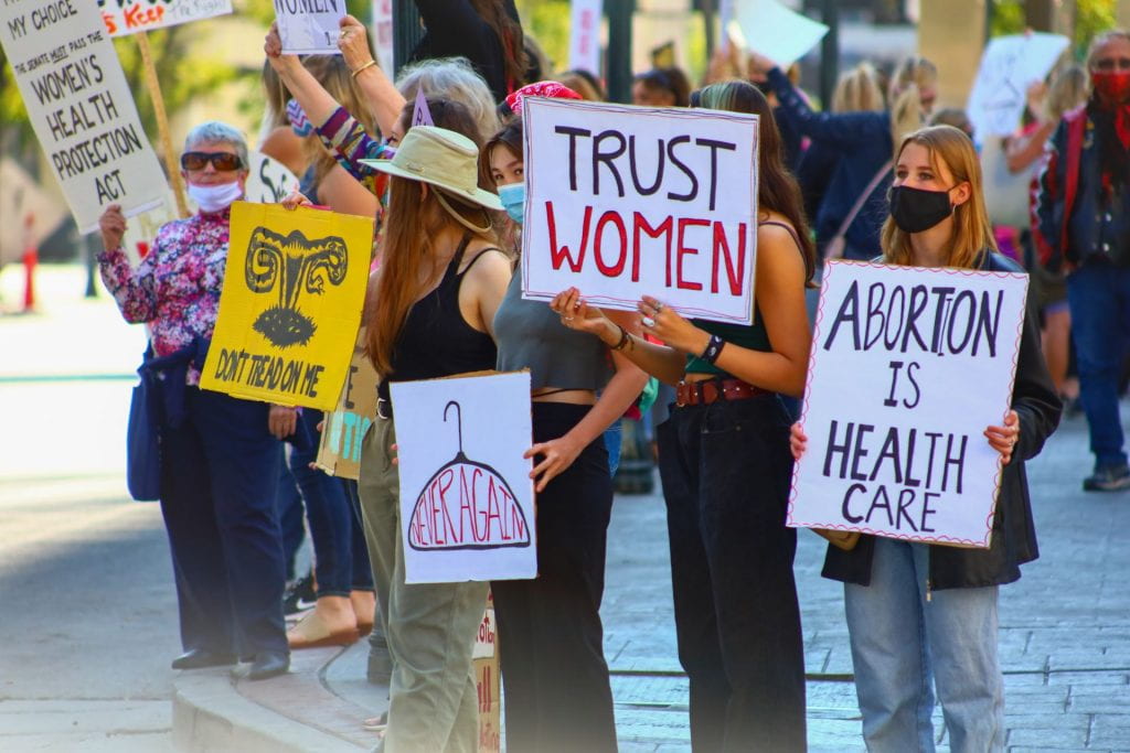 Picture of women protesting anti-abortion laws. Protest signs read (left to right): "My Choice: The Senate MUST Pass the Women's Health Protection Act;" A picture of a snake in the shape of ovaries with the words "Don't Tread on Me" beneath; "Never Again" written inside a wire clothes hanger; "Trust Women;" and "Abortion is Health Care"