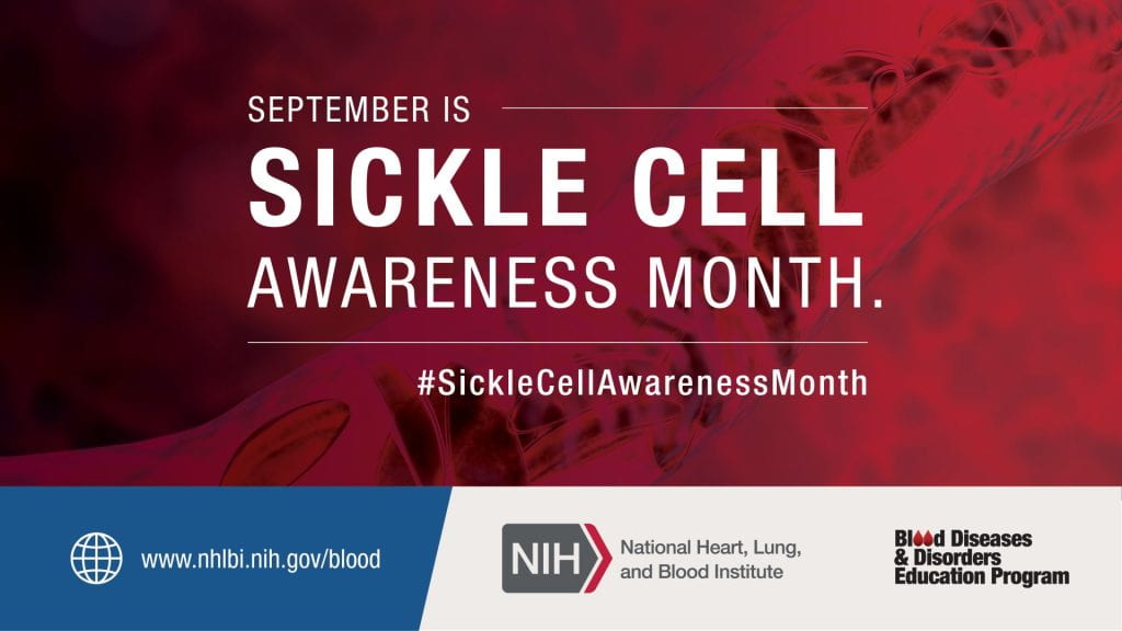 Infographic with red background that reads 'September is Sickle Cell Awareness Month.'