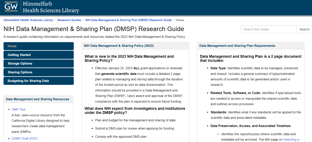 Screenshot of Himmelfarb Library's NIH Data Management and Sharing Plan (DMSP) Research Guide