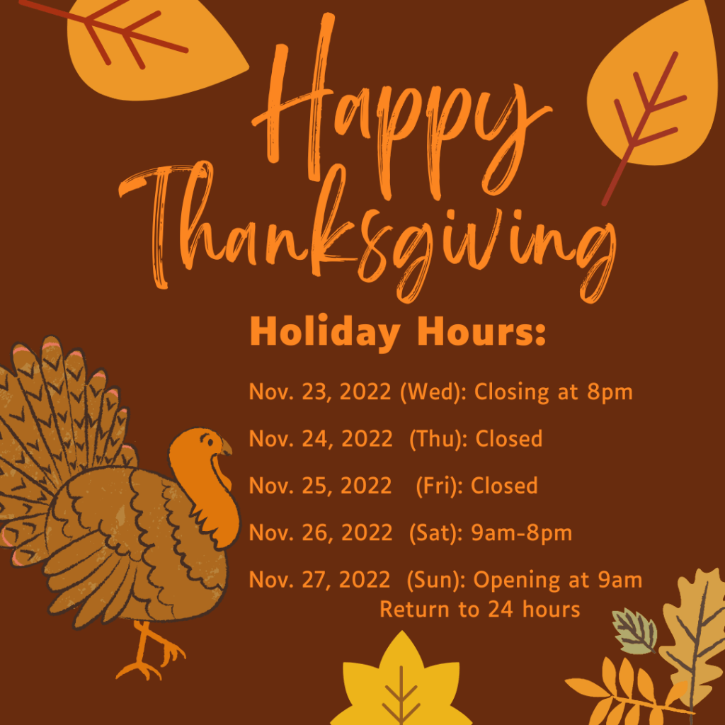 Graphic listing holiday hours. Same hours are listed in blog post.