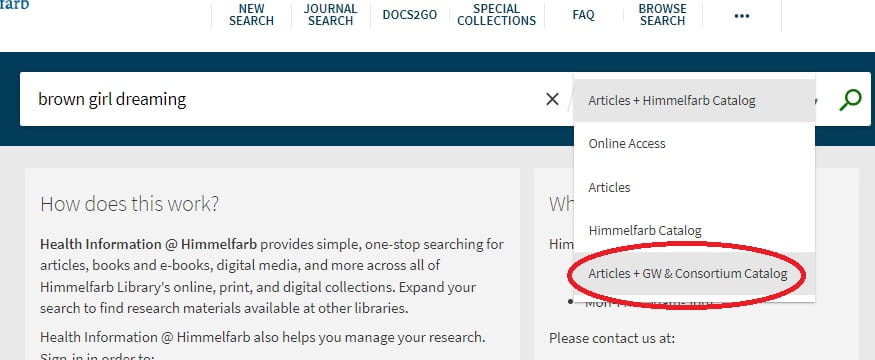 Screenshot of library catalog search box with scope selections menu
