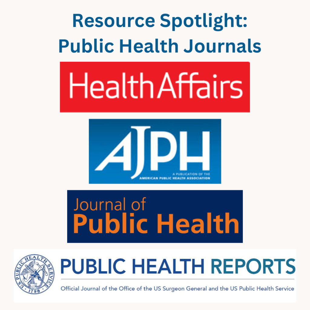 Resource Spotlight: Public Health Journals. Images of 4 public health journal logos.