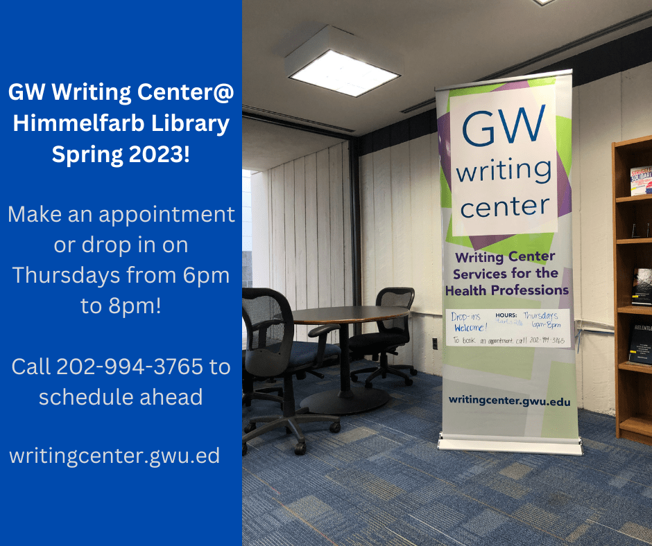 Image of GW Writing Center banner and consulting space in Himmelfarb Library