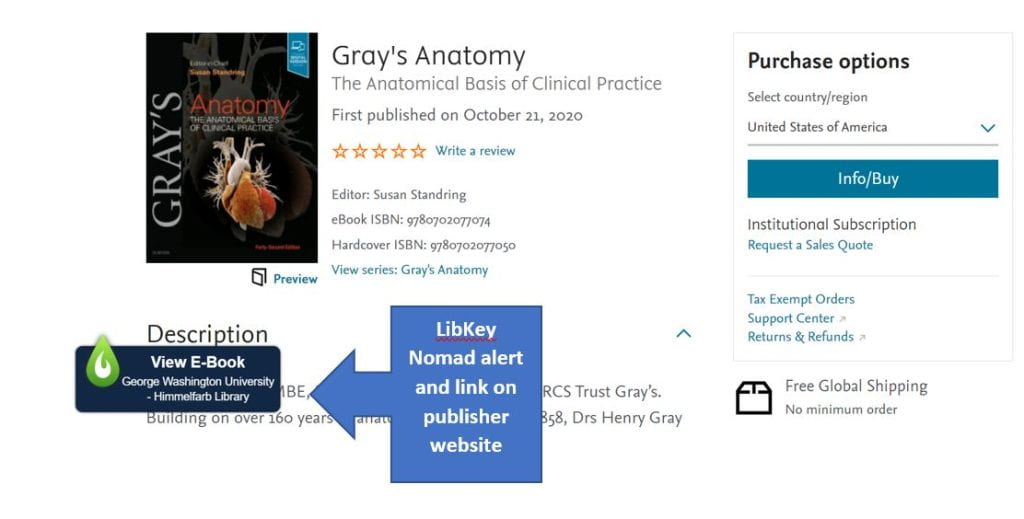 Screenshot of a LibKey Nomad alert and link in a publisher site to an e-book in Himmelfarb Library's collections. 