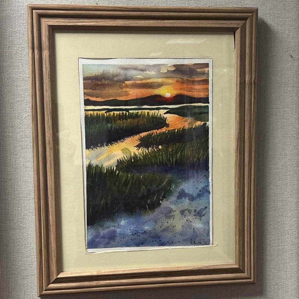 Painting of a sunset over a winding river.