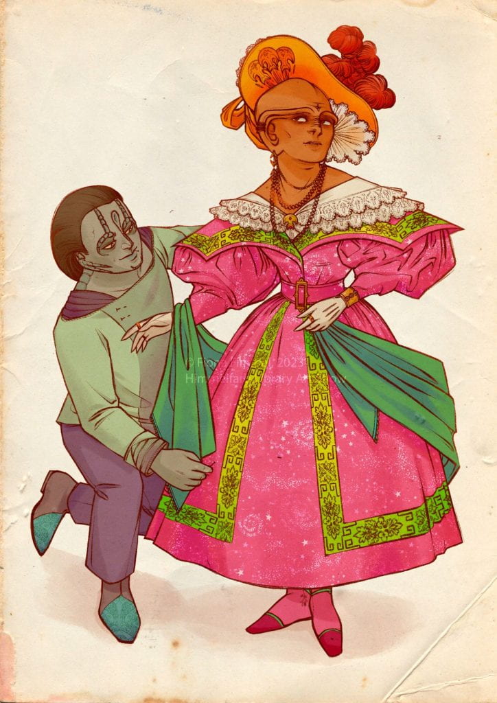 Image of female Klingon in pink and green dress standing next to a kneeling male figure.