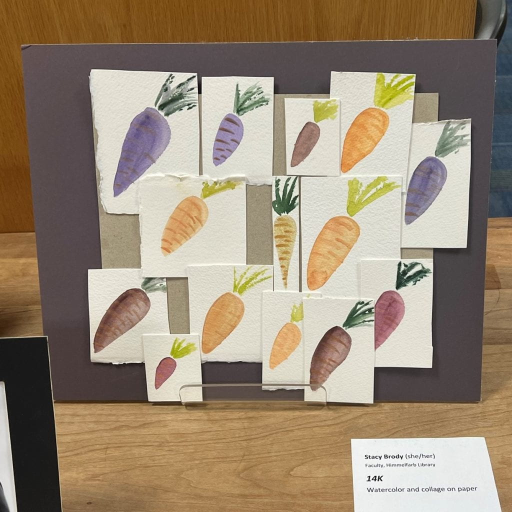 Painting of 14 carrots in different shapes, sizes, and colors.
