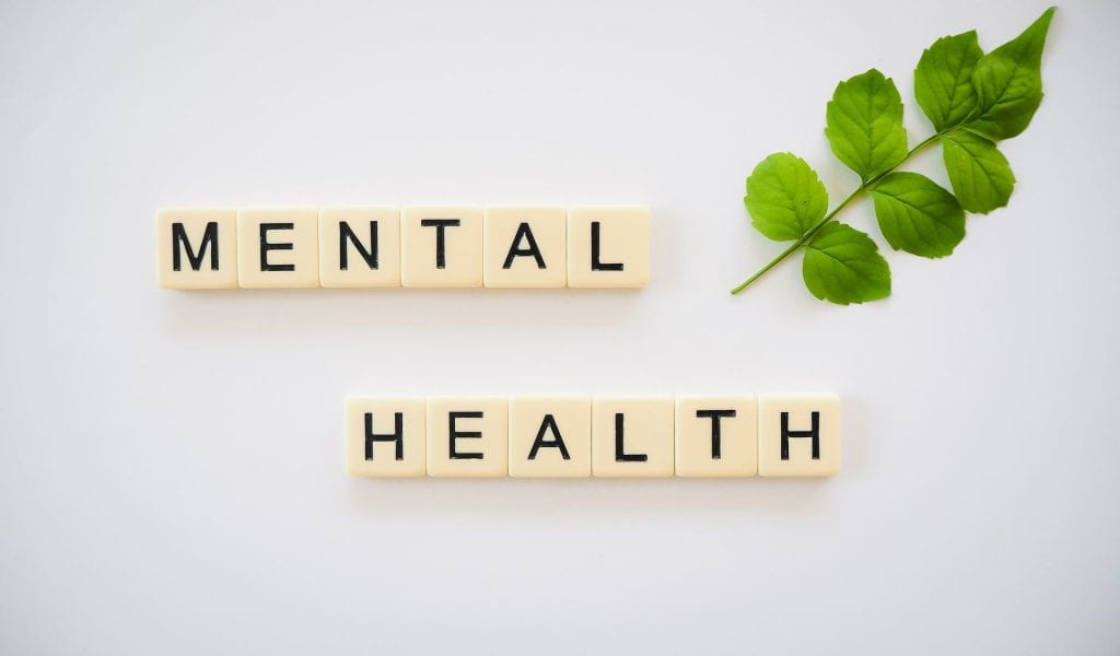 Image of scrabble tiles that spell out "Mental Health" and a leaf on the upper right side.