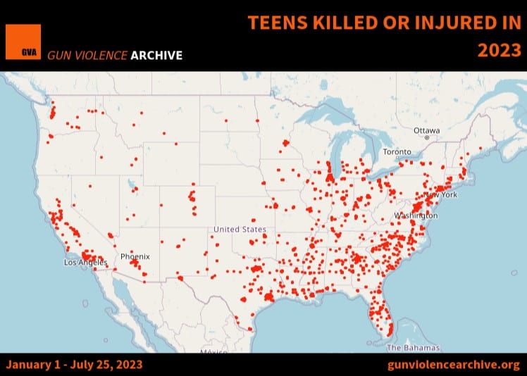 Map showing where in US teens were killed or injured in 2023 by guns