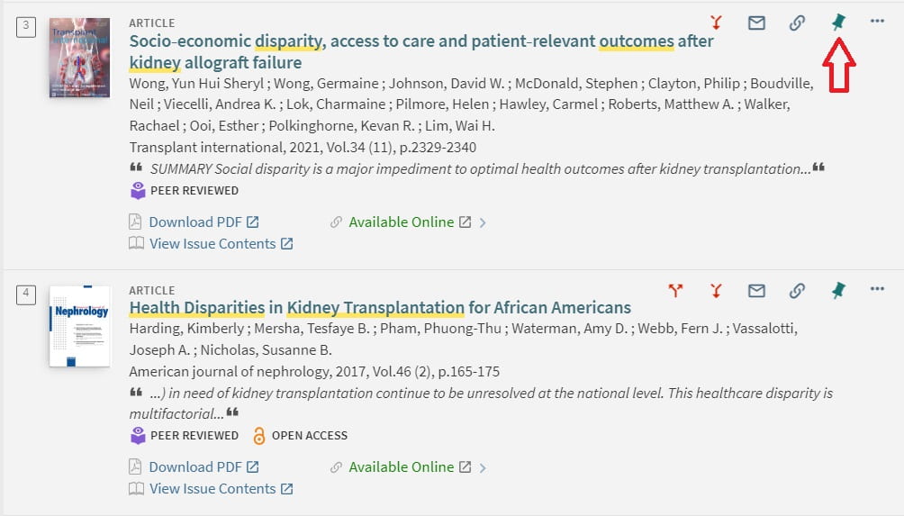 Search results screen in Health Information at Himmelfarb with My Favorites pushpin highlighted