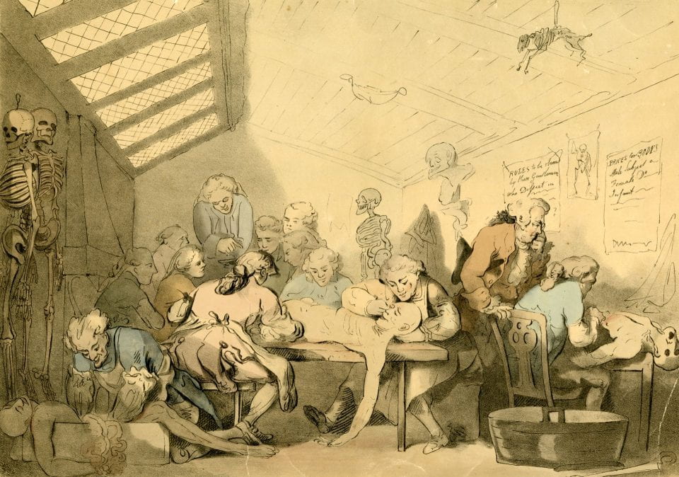 Artist depiction of William Hunter, brother of John Hunter, in his dissection school.
