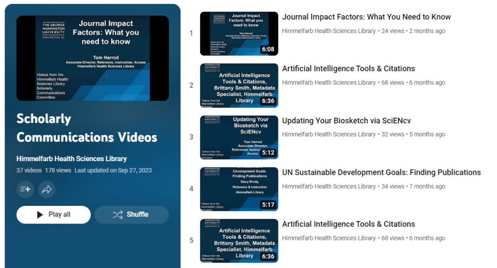 Screenshot of the Scholarly Communications Videos playlist from YouTube.