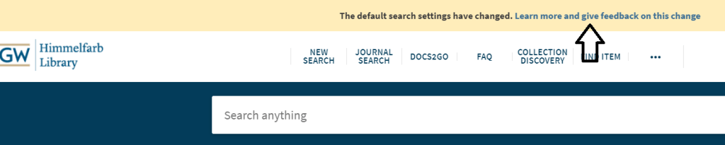 Screenshot of library catalog search box with arrow pointing at link to feedback form.