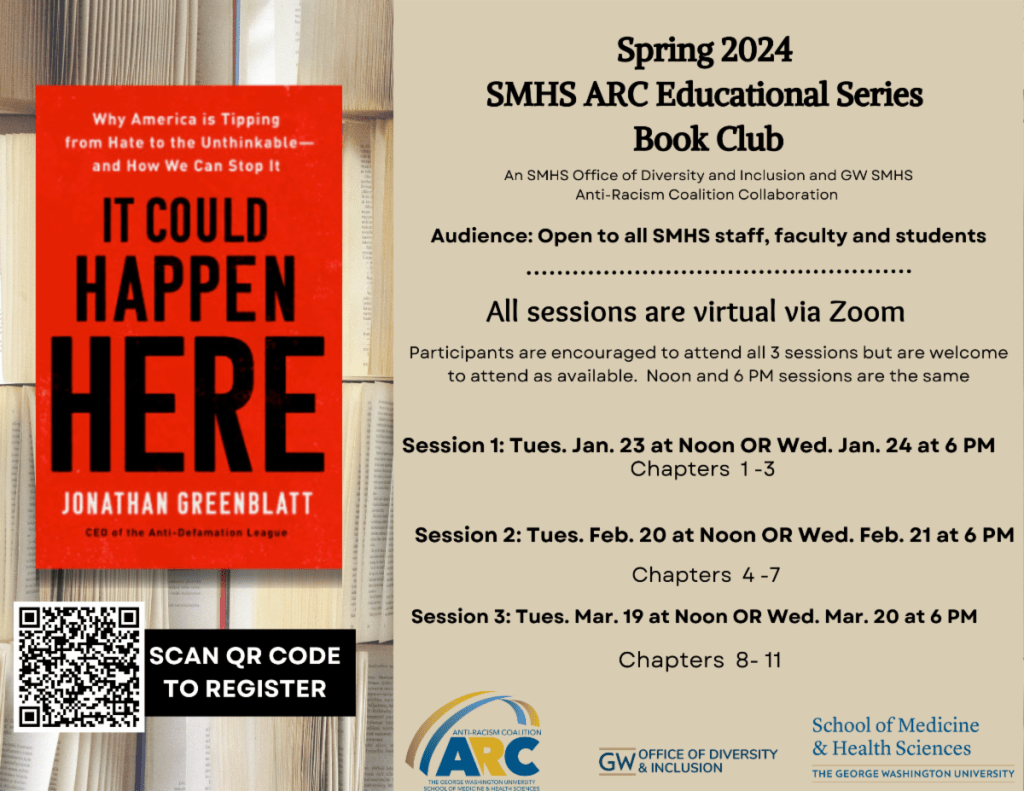 SMHS Anti-Racism Coalition Book Club. Upcoming meetings: Session 2, Tues. Feb 20 at noon or Weds. Feb 21 at 6 pm (chapters 4-7). Session 3, Tues. Mar. 19 at noon or Weds. Mar. 20 at 6 pm (chapters 8-11).