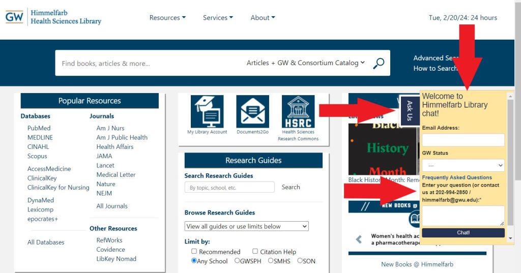 Screenshot of Himmelfarb Library's website with arrows pointing to the "Ask Us" chat feature on the right side of the page.