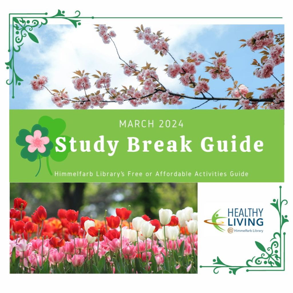March 2024 Study Break Guide with cherry blossom branches, blue sky and colorful tulips