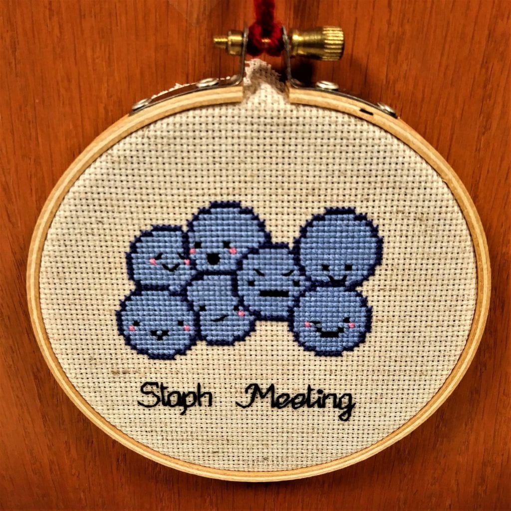 Picture of a crochet submission of staph infection with smiley faces.