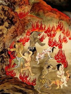painting of Buddhist hell with three people covered in blood and chains being chased by three tormentors with whips, all surrounded by fire
