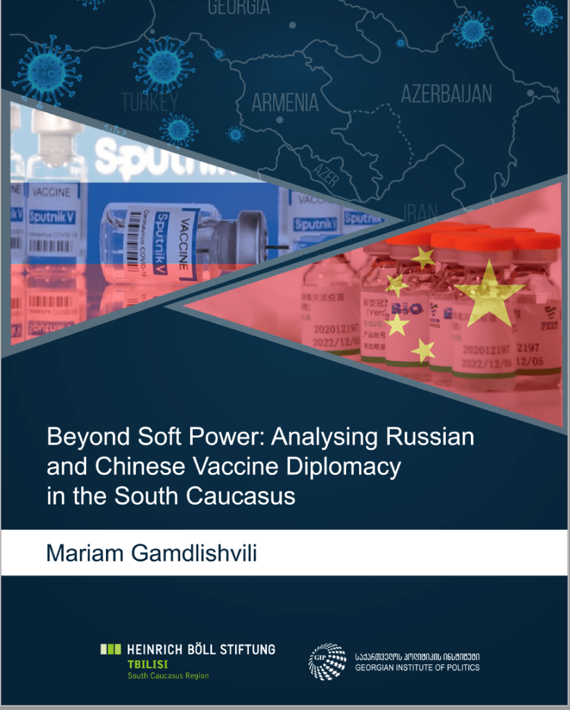 Cover image of a Visiting Scholar Report: Beyond Soft Power. Images show a map of Armenia and Azerbaijan and photos of vaccine bottles and 