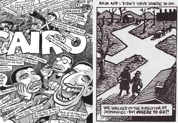 The work of comic artists Joe Sacco (left) and Art Spiegelman (right).