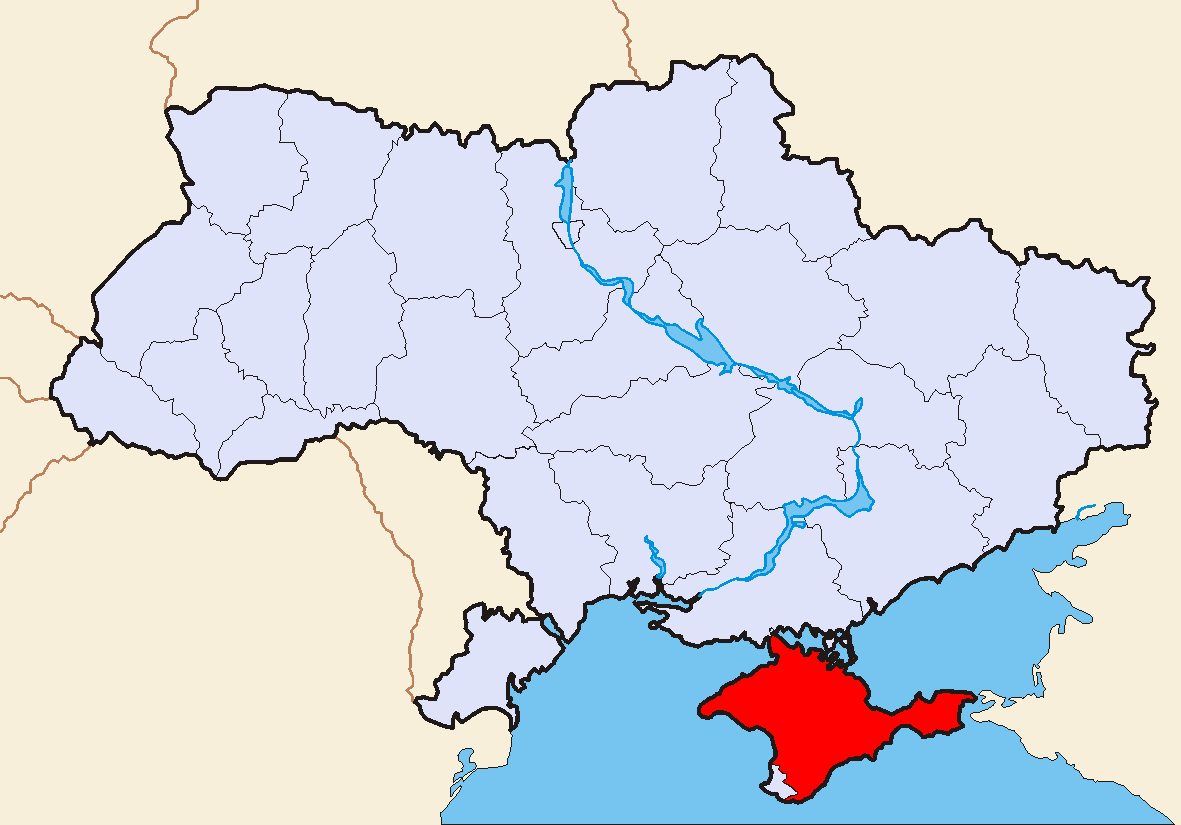 Map of Ukraine, with the autonomous area of Crimea in red. On Feb. 28, Russian military occupied the area following the political crisis in Kyiv. Many view the move as an act of war. Credit: Wikipedia Common