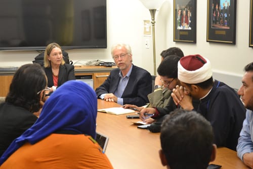 The author (far left) and Professor Nathan Brown (immediate right) discuss the importance of dialogue in public diplomacy with a delegation from the Middle East at the School of Media and Public Affairs, September 9, 2014.