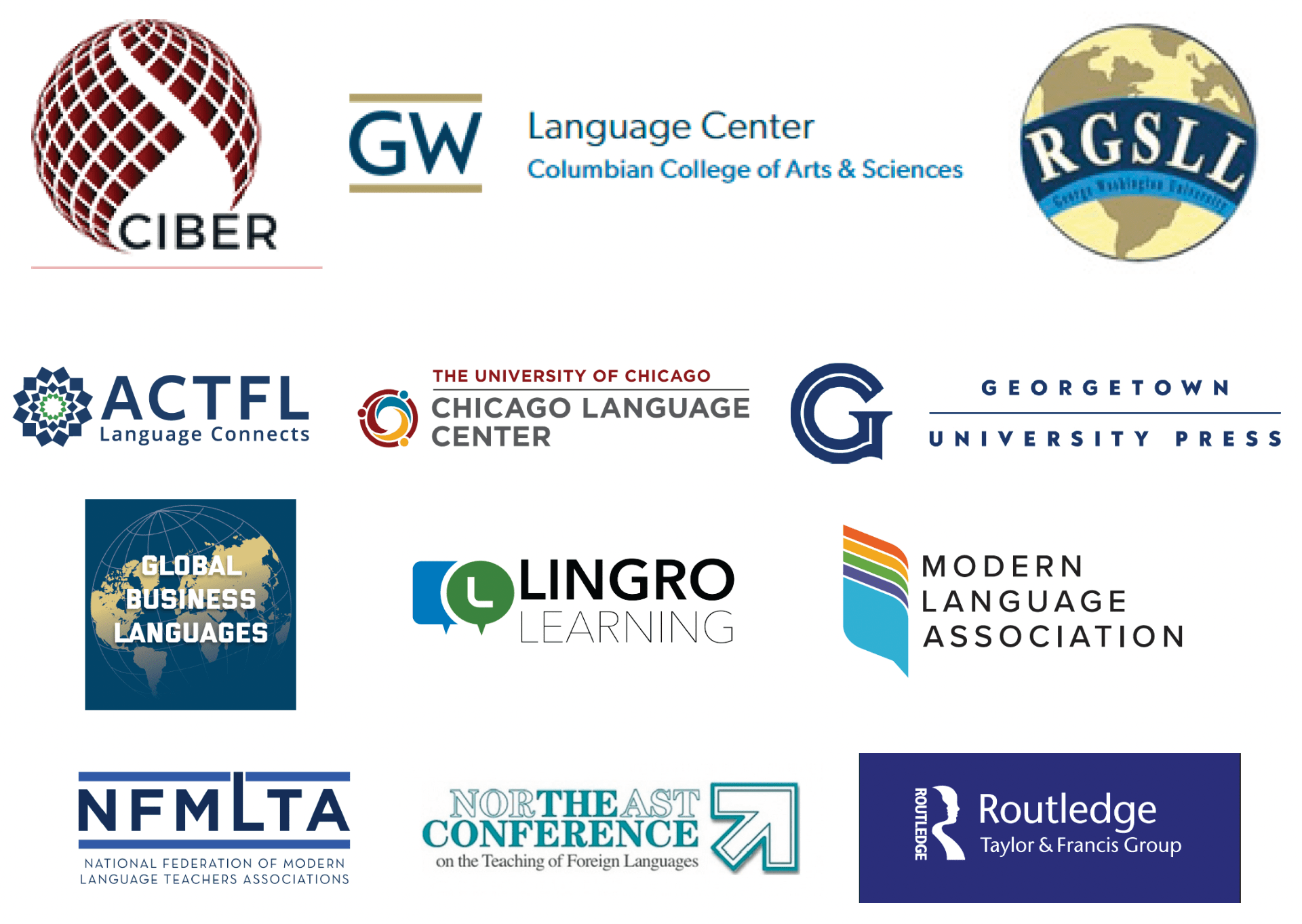 Logos of Conference Sponsors and Exhibitors, including LingroLearning, Georgetown University Press, NECTFL, NFMLTA, CIBERs, GW-CIBER, Routledge, Global Business Languages journal, GW Language Center, GW RGSLL