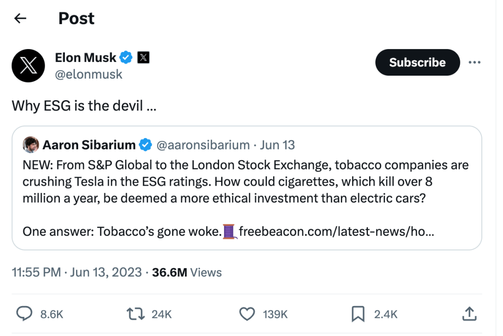 Tweet from Elon Musk calling ESG the Devil