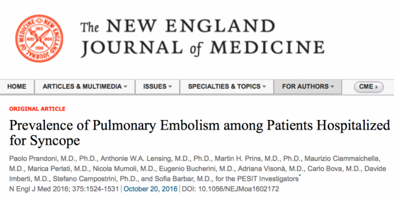 Prevalence of Pulmonary Embolism among Patients Hospitalized for Syncope